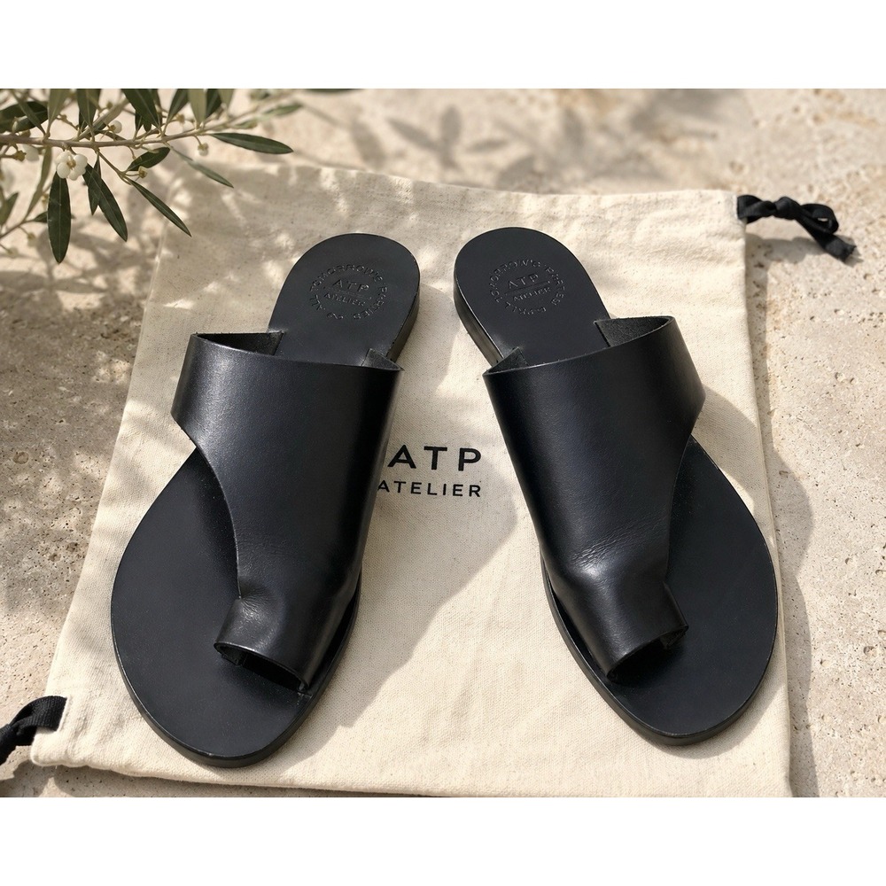 ATP Atelier Women's  Astrid Flat Black Leather Sandal Toe Loop Thong  Slide 36